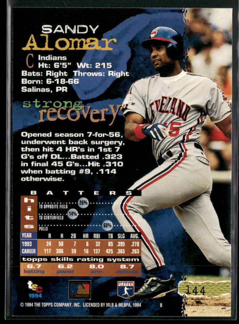 Sandy Alomar 1994 Stadium Club #144 Cleveland Indians
