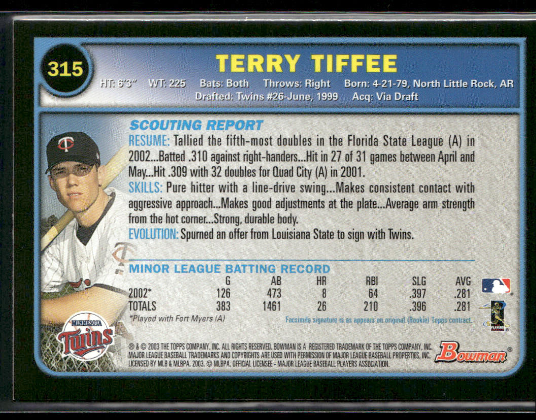 Terry Tiffee 2003 Bowman #315 RC Minnesota Twins