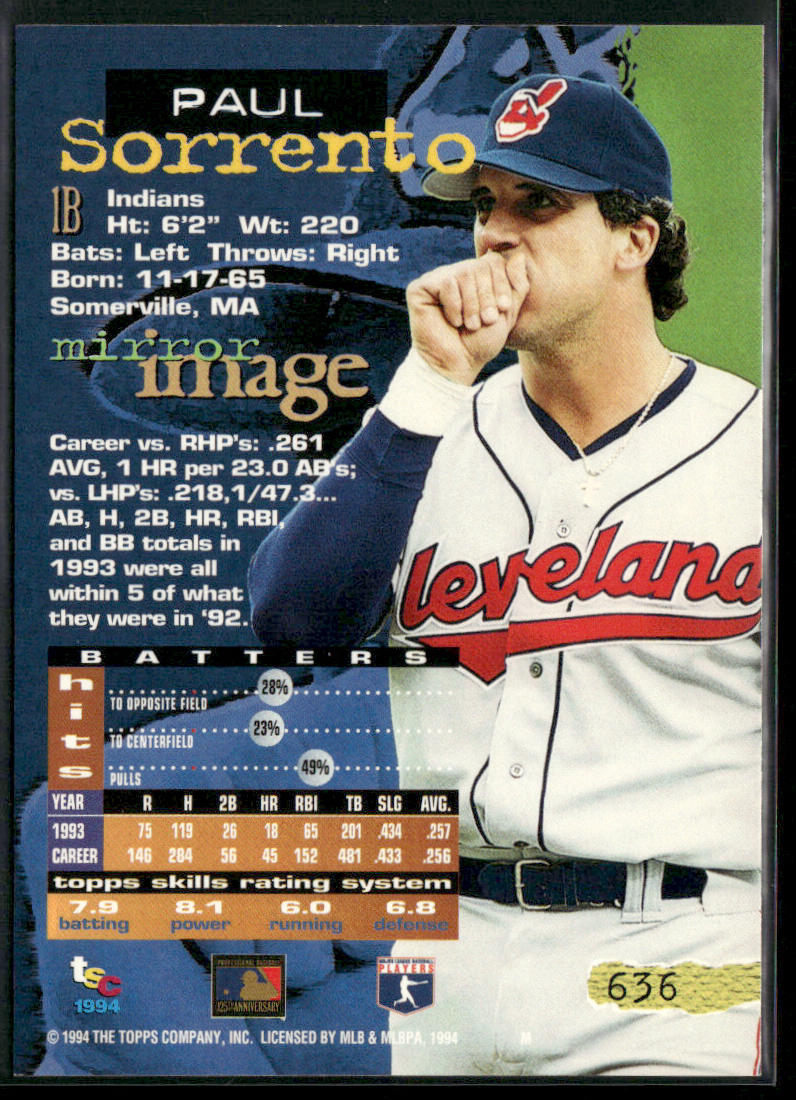 Paul Sorrento 1994 Stadium Club #636 Cleveland Indians