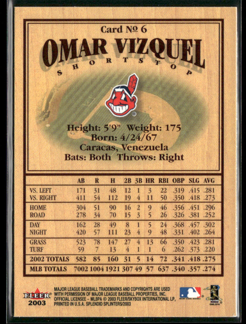 Omar Vizquel 2003 Fleer Splendid Splinters #6 Cleveland Indians
