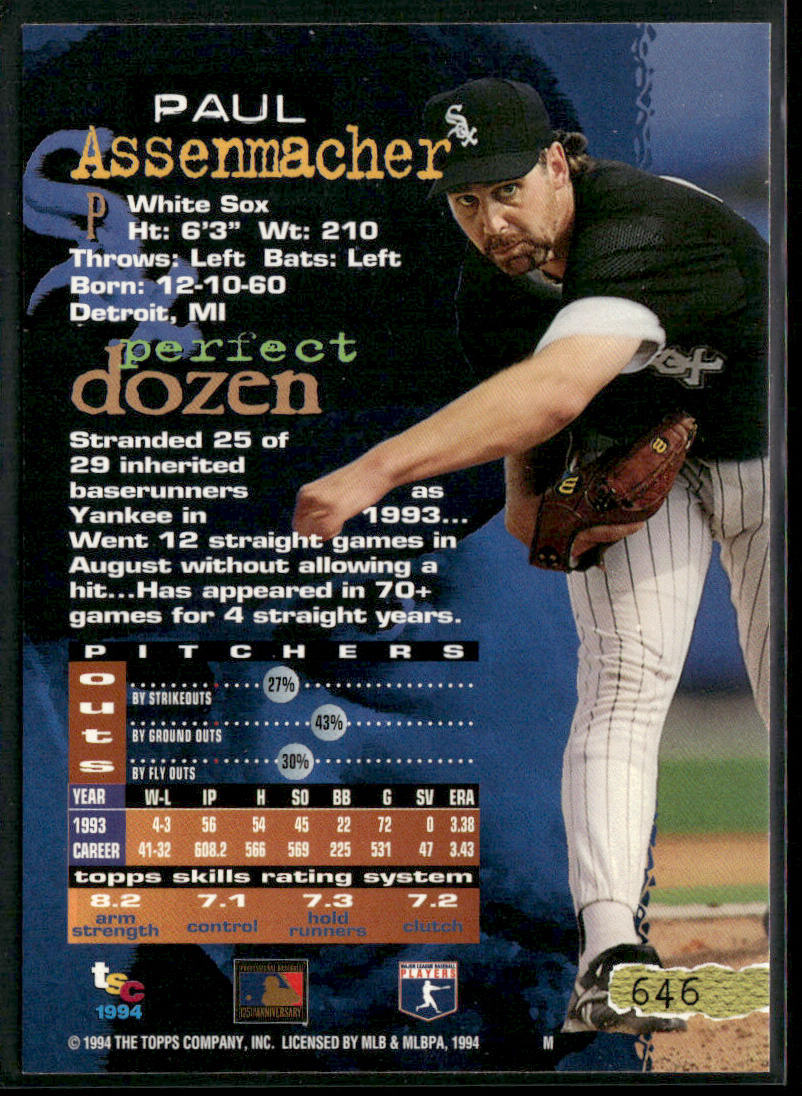 Paul Assenmacher 1994 Stadium Club #646 Chicago White Sox