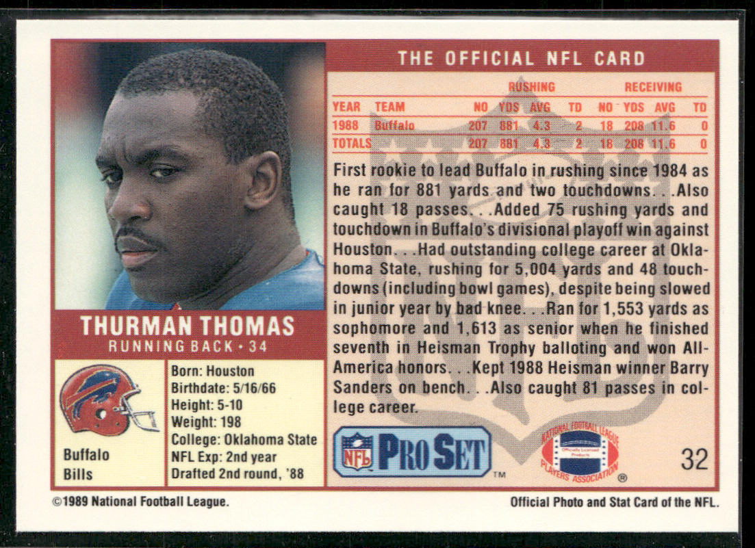 Thurman Thomas 1989 Pro Set #32 RC Buffalo Bills back