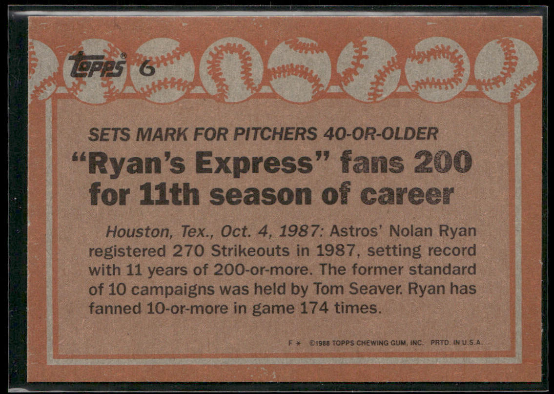 Nolan Ryan 1988 Topps #6 Houston Astros back