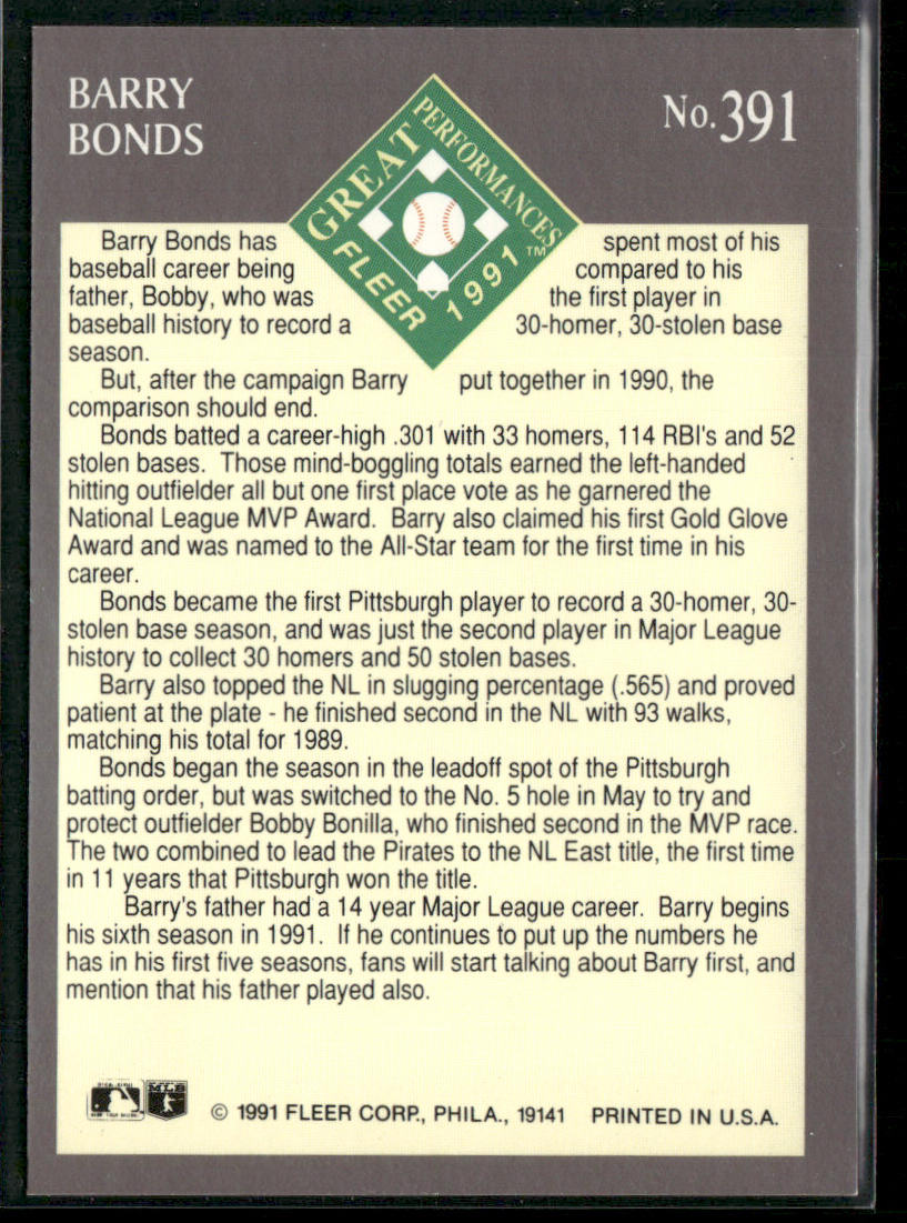 Barry Bonds 1991 Ultra #391 Pittsburgh Pirates back