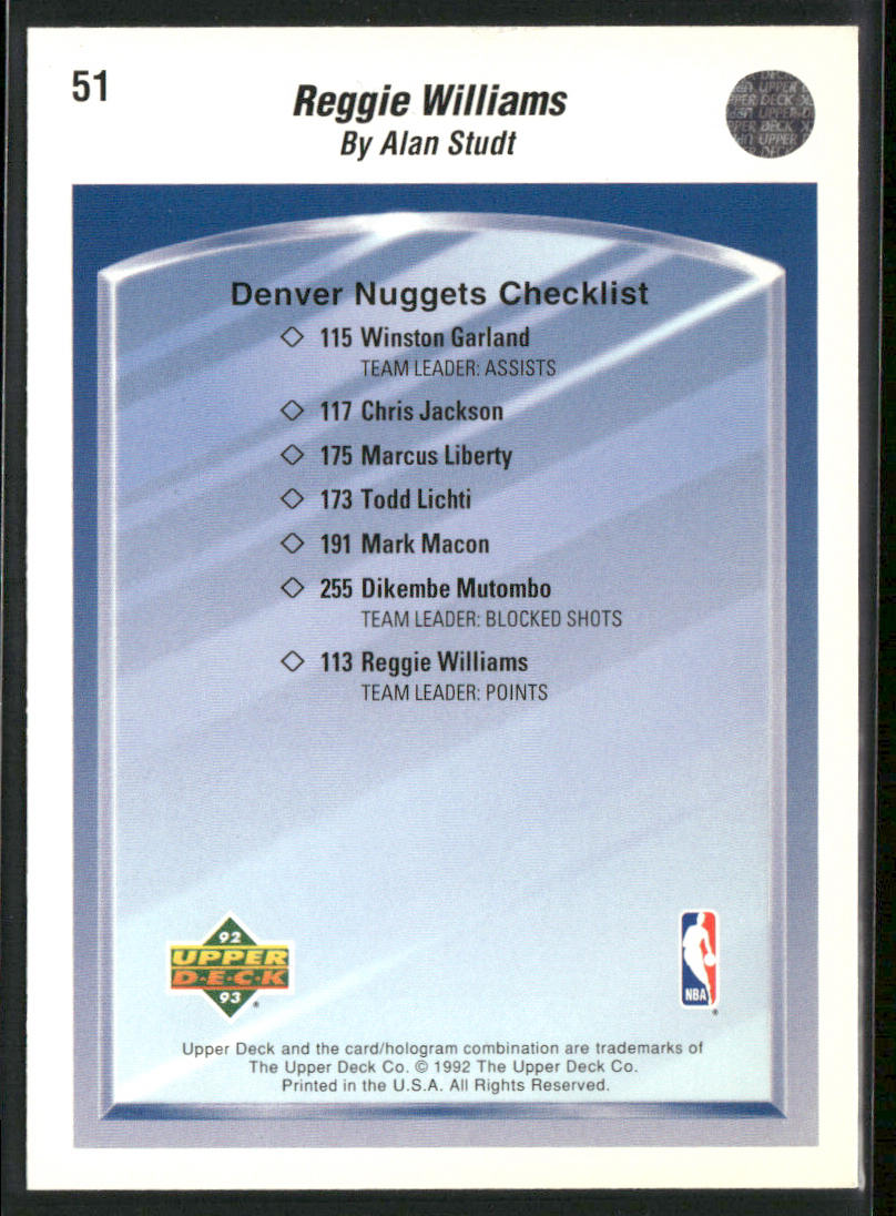 Reggie Williams 1992-93 Upper Deck #51 Denver Nuggets