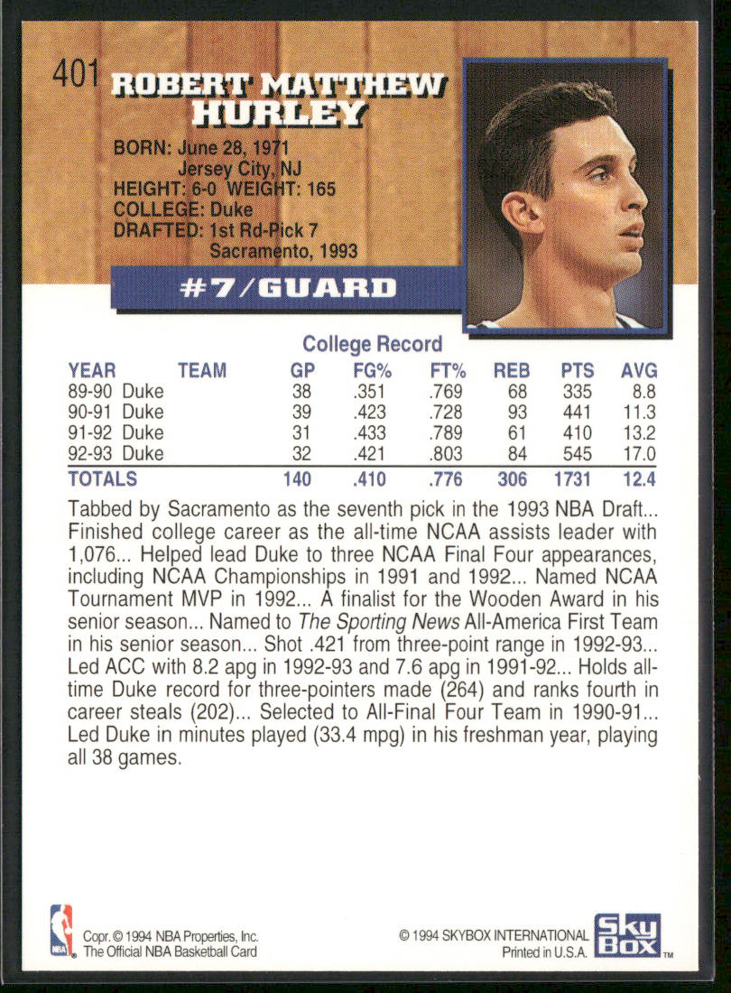 Bobby Hurley 1993-94 Hoops #401 RC Sacramento Kings