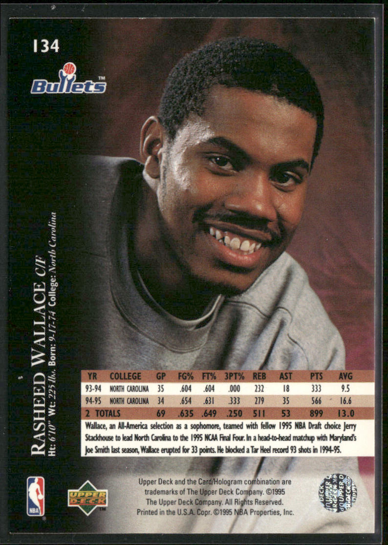 Rasheed Wallace 1995-96 Upper Deck #134 RC Washington Bullets