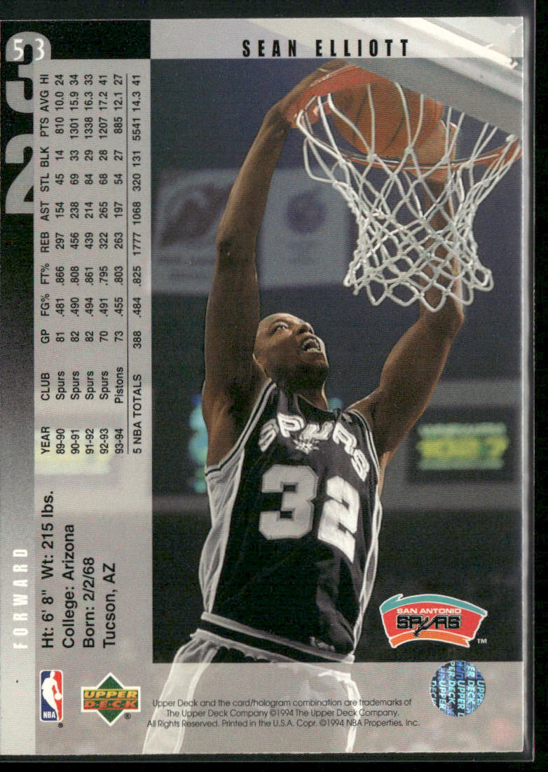 Sean Elliott 1994-95 Upper Deck #53 San Antonio Spurs