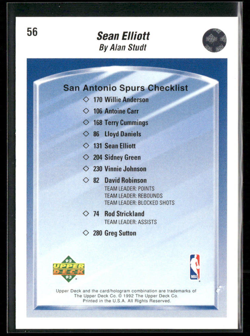Sean Elliott 1992-93 Upper Deck #56 San Antonio Spurs