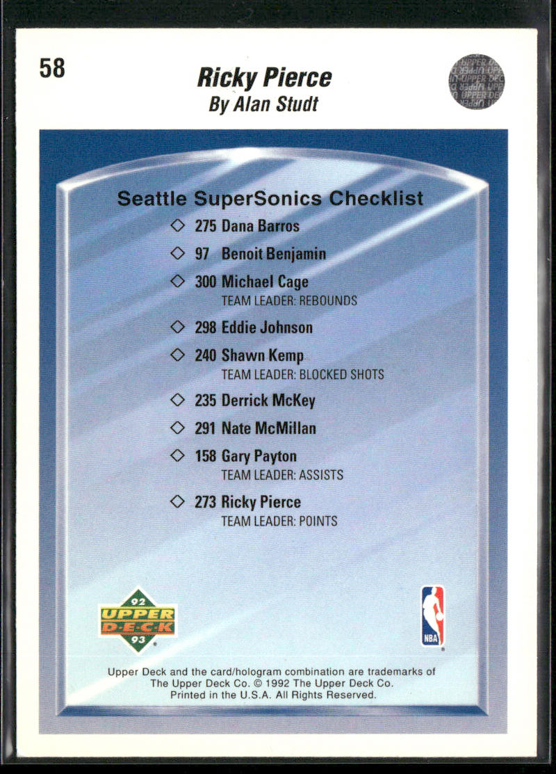 Ricky Pierce 1992-93 Upper Deck #58b Seattle SuperSonics