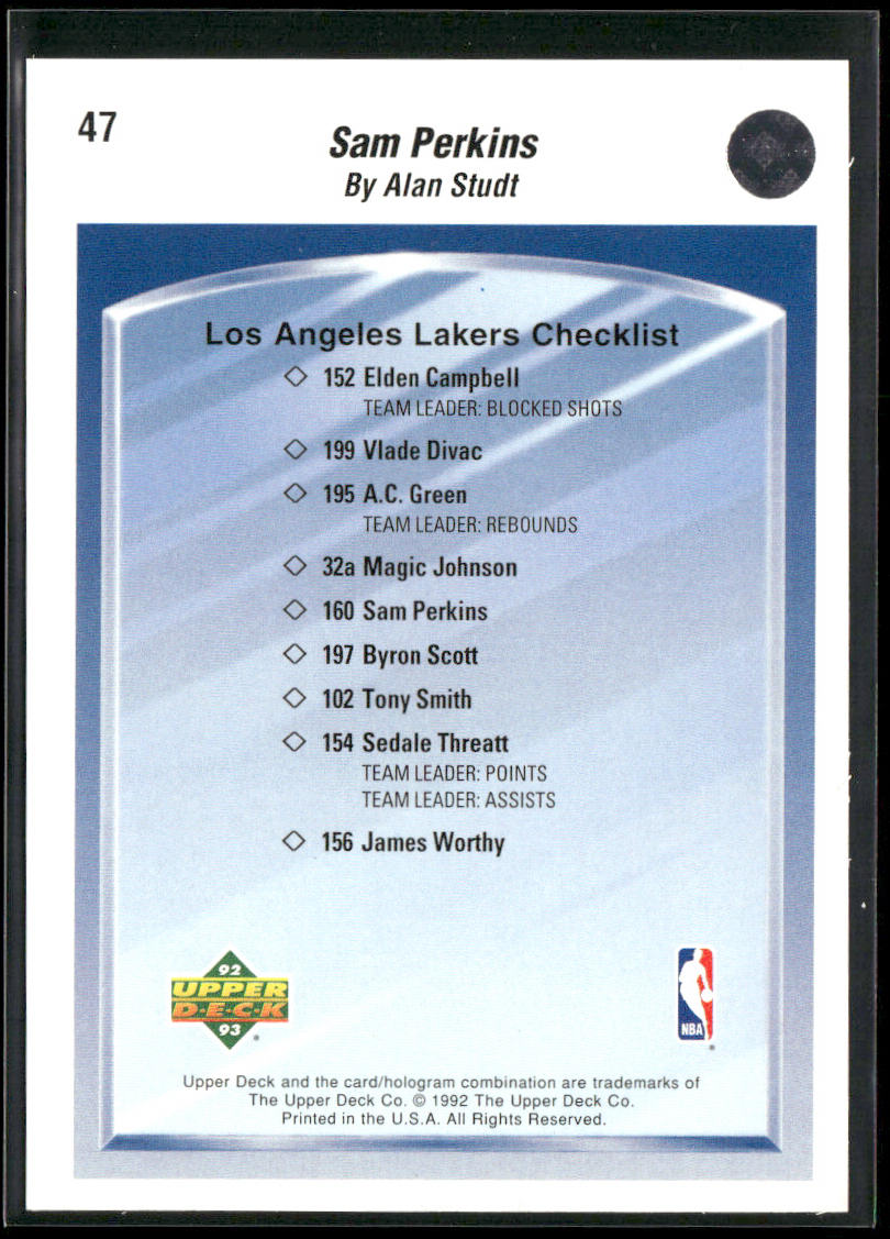 Sam Perkins 1992-93 Upper Deck #47 Los Angeles Lakers