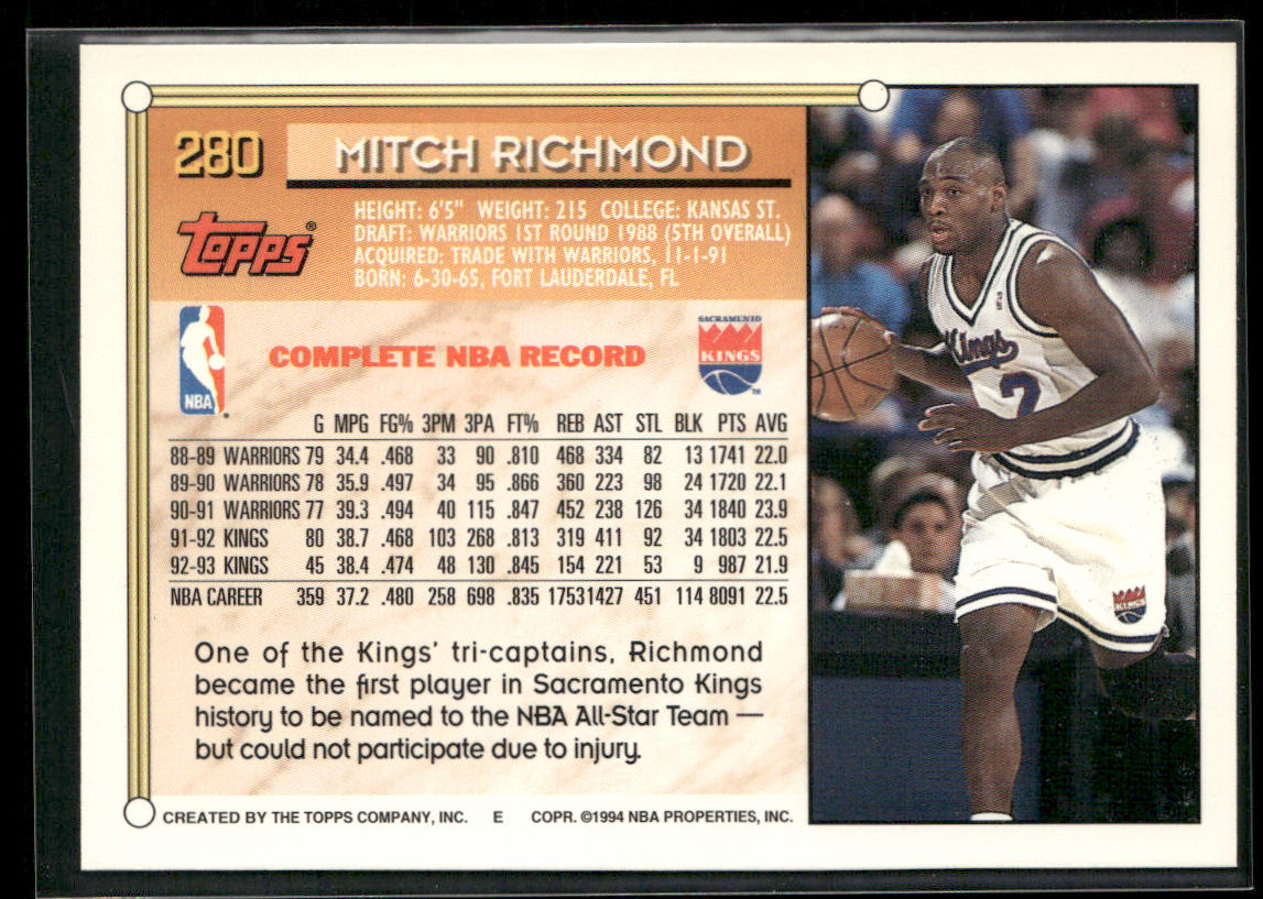 Mitch Richmond 1993-94 Topps #280 Sacramento Kings