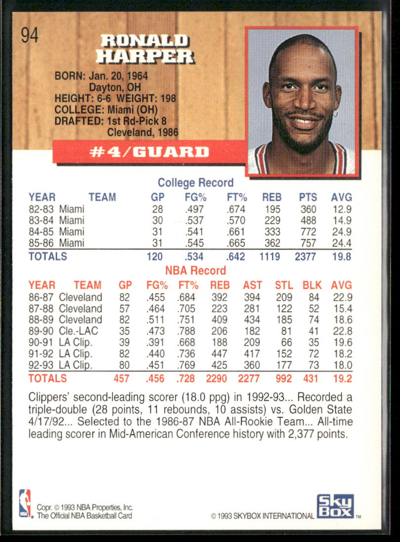 Ron Harper 1993-94 Hoops #94 Los Angeles Clippers