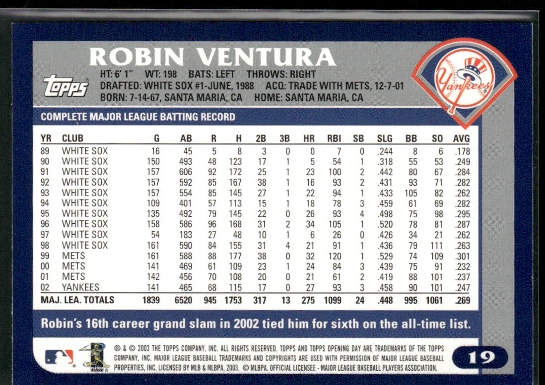 Robin Ventura 2003 Topps Opening Day #19 New York Yankees