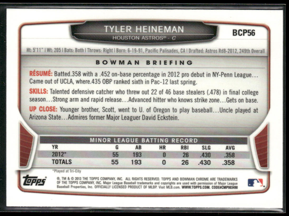 Tyler Heineman 2013 Bowman Chrome Prospects #BCP56 Houston Astros