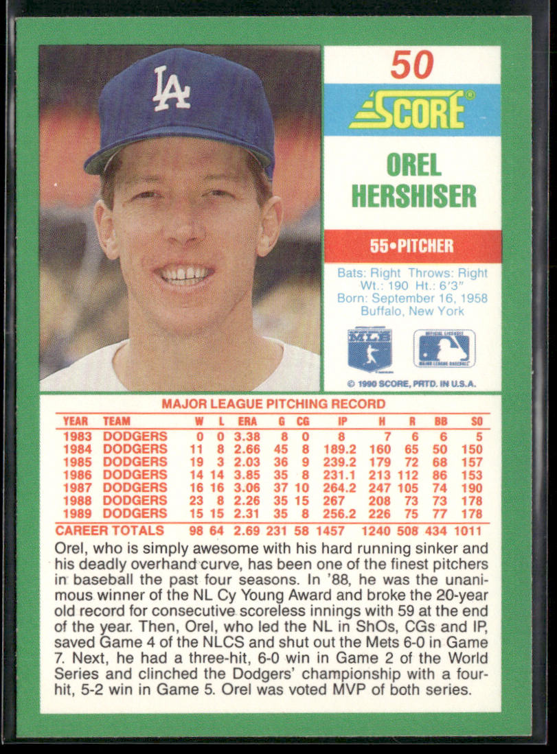Orel Hershiser 1990 Score #50 Los Angeles Dodgers