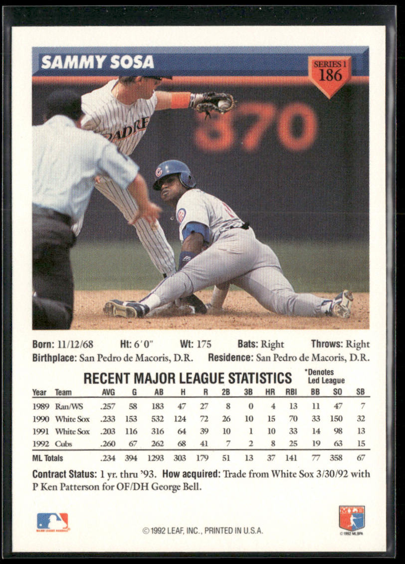 Sammy Sosa 1993 Donruss #186 Chicago Cubs
