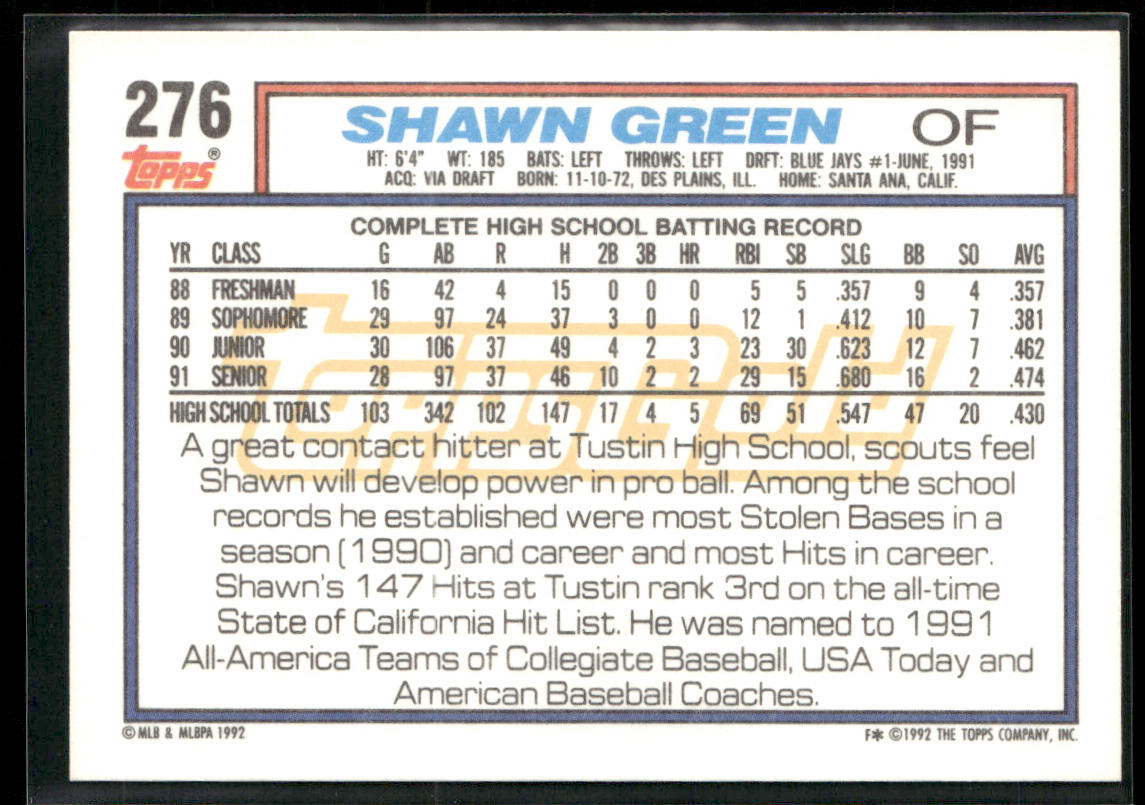 Shawn Green 1992 Topps Gold #276 RC Toronto Blue Jays