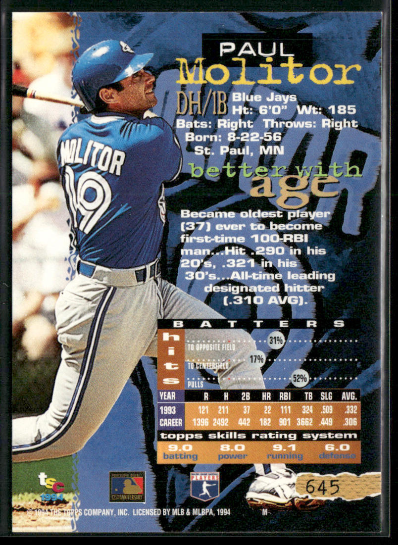 Paul Molitor 1994 Stadium Club #645 Toronto Blue Jays