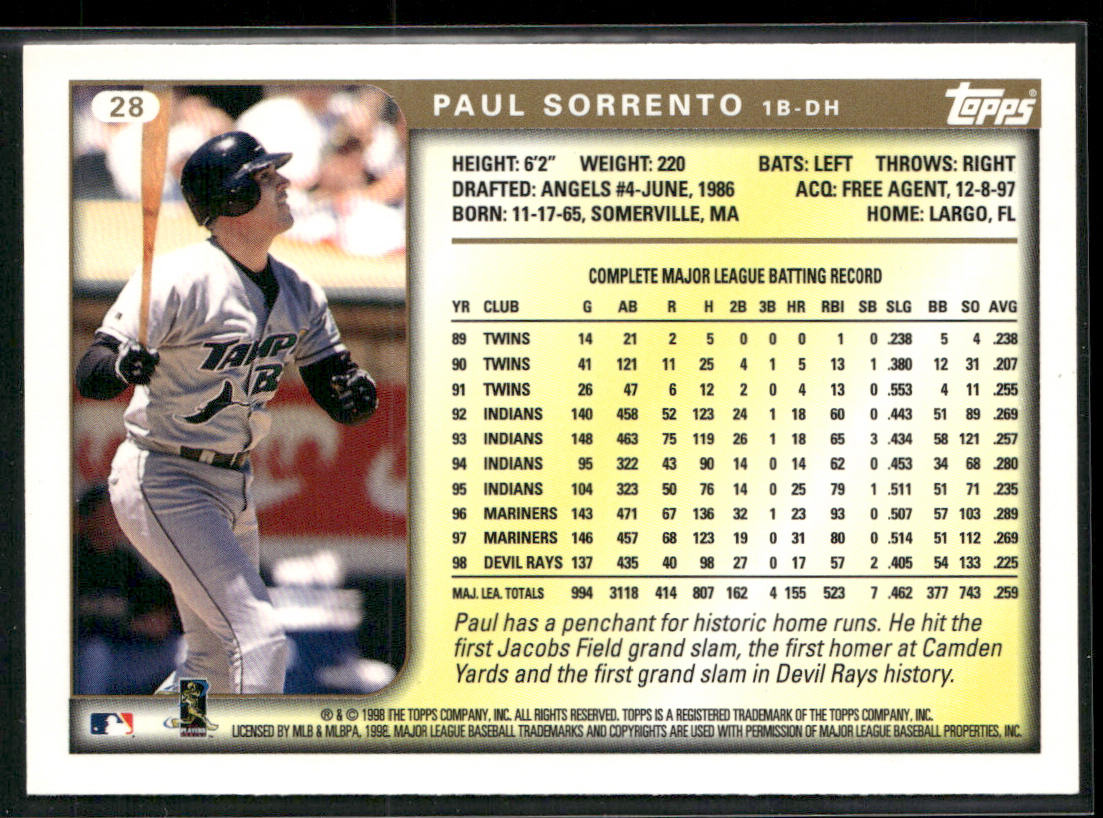 Paul Sorrento 1999 Topps #28 Tampa Bay Devil Rays