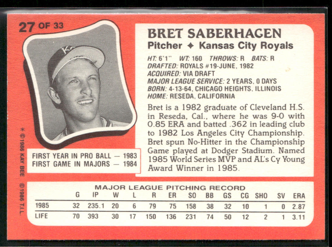 Bret Saberhagen 1986 Topps Kay-Bee Young Superstars of Baseball #27 Royals
