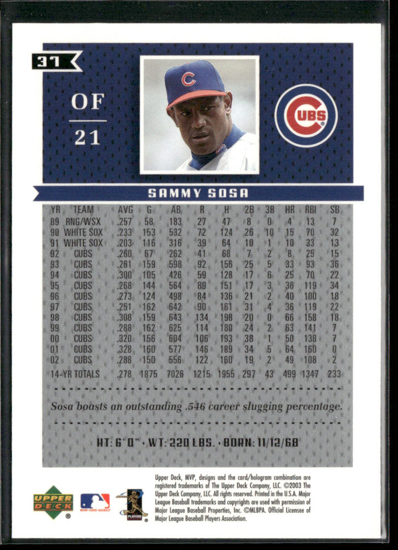 Sammy Sosa 2003 Upper Deck MVP #37 Chicago Cubs