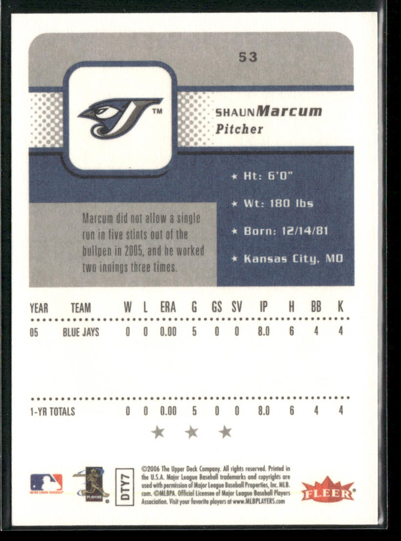 Shaun Marcum 2006 Fleer #53 Toronto Blue Jays