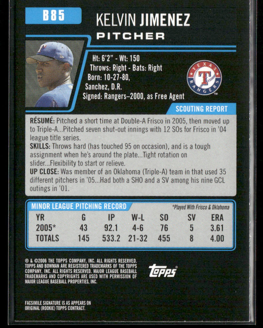 Kelvin Jimenez 2006 Bowman Prospects #B85 Texas Rangers