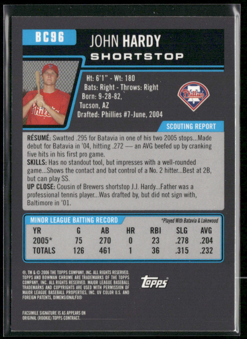 John Hardy 2006 Bowman Chrome Prospects #BC96 Philadelphia Phillies