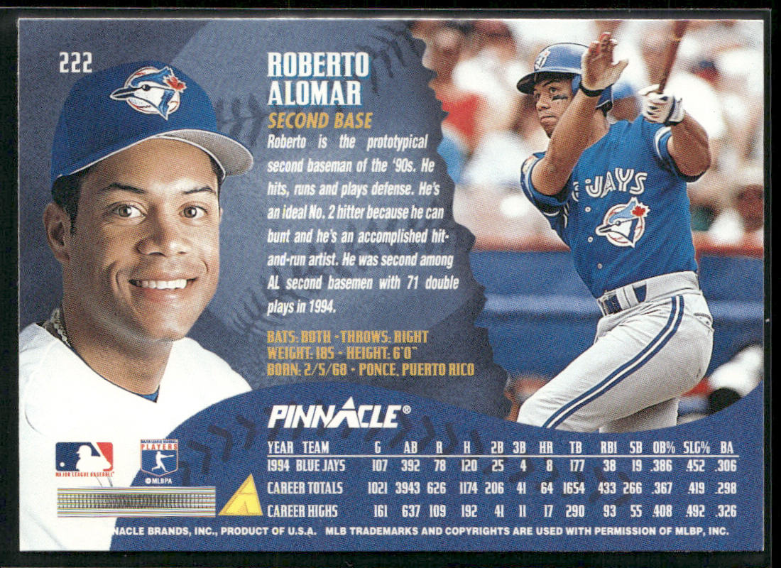Roberto Alomar 1995 Pinnacle #222 Toronto Blue Jays