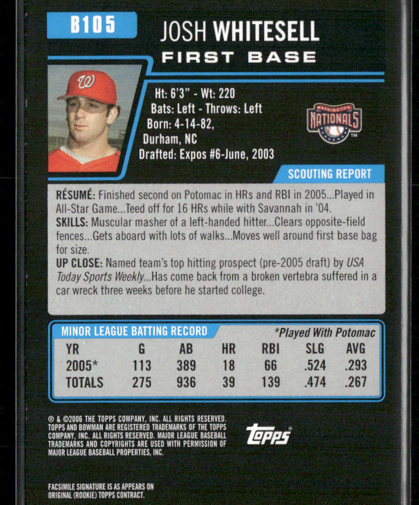 Josh Whitesell 2006 Bowman Prospects #B105 Washington Nationals