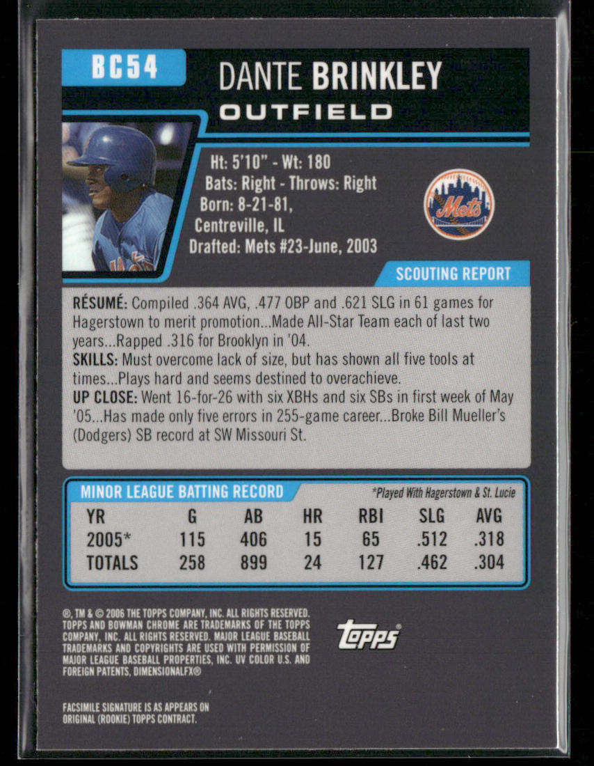 Dante Brinkley 2006 Bowman Chrome Prospects #BC54 New York Mets