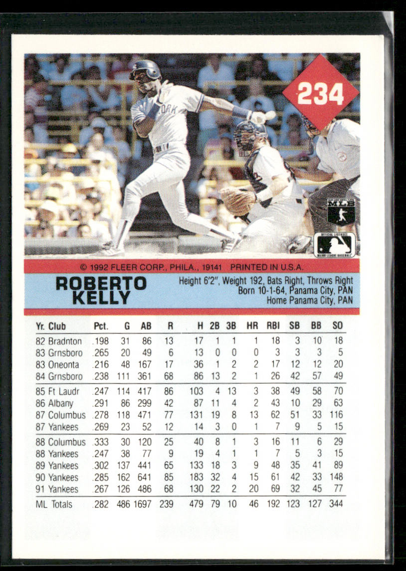 Roberto Kelly 1992 Fleer #234b New York Yankees