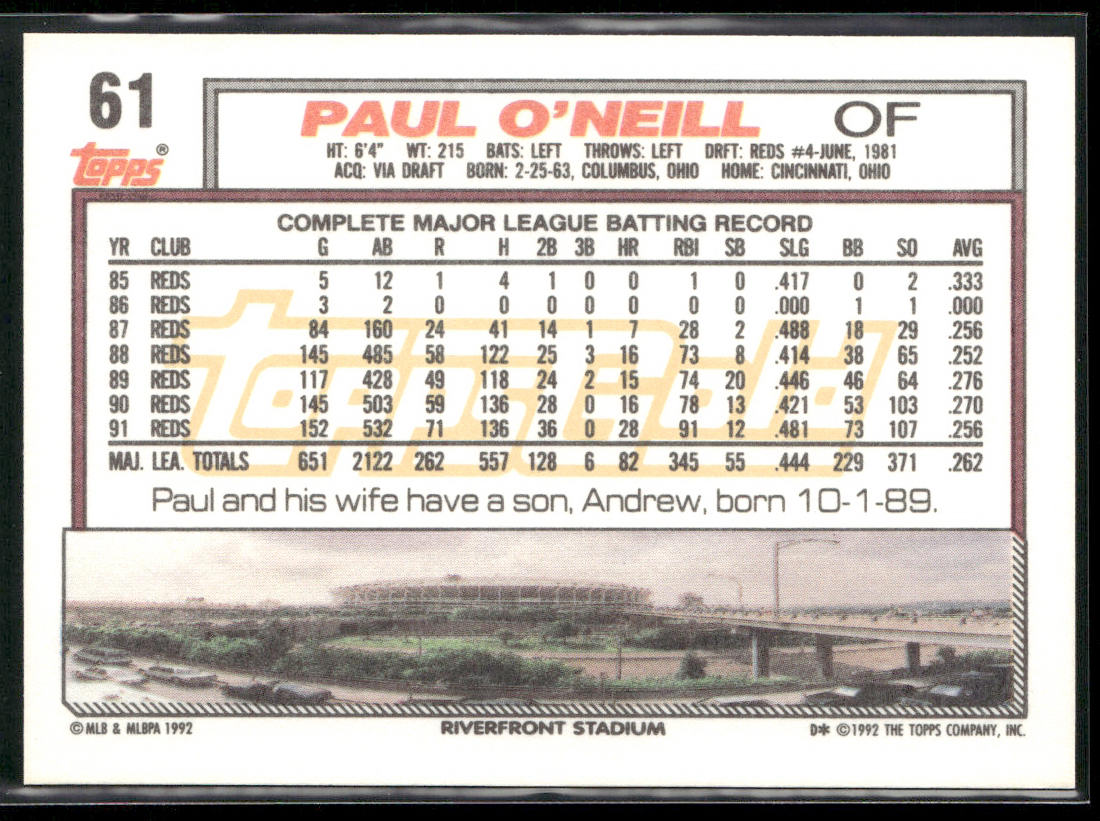 Paul O'Neill 1992 Topps Gold Winners #61 Cincinnati Reds