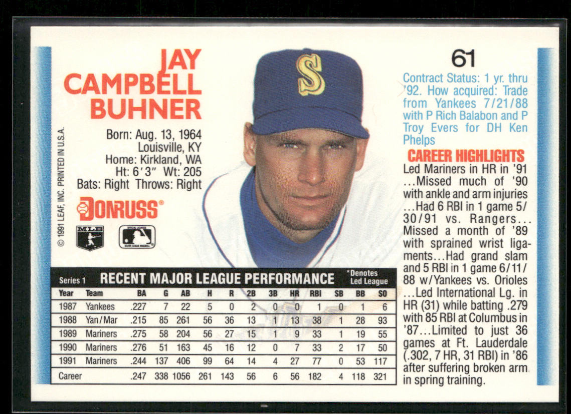 Jay Buhner 1992 Donruss #61b Seattle Mariners back