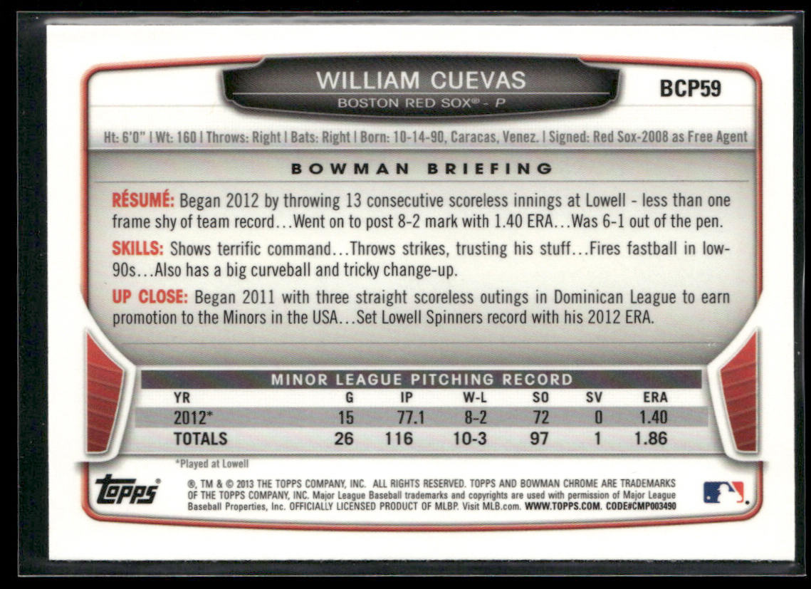 William Cuevas 2013 Bowman Chrome Prospects #BCP59 Boston Red Sox