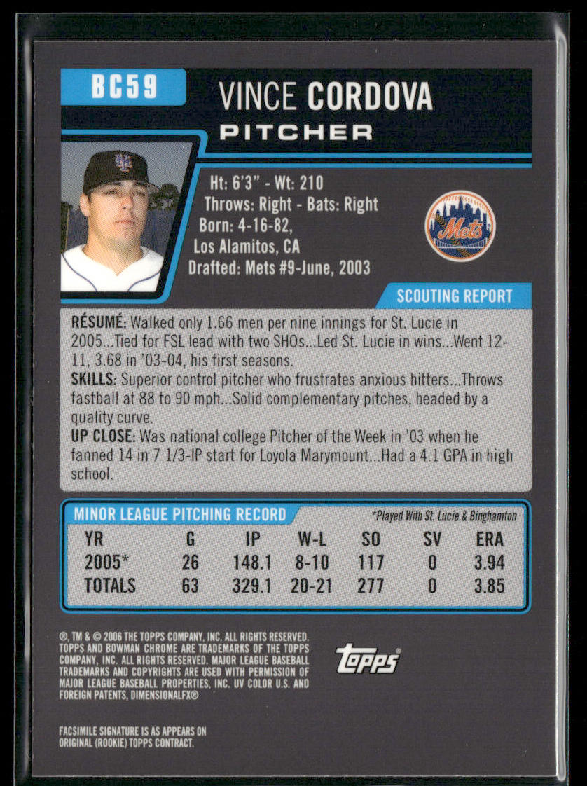 Vince Cordova 2006 Bowman Chrome Prospects #BC59 New York Mets