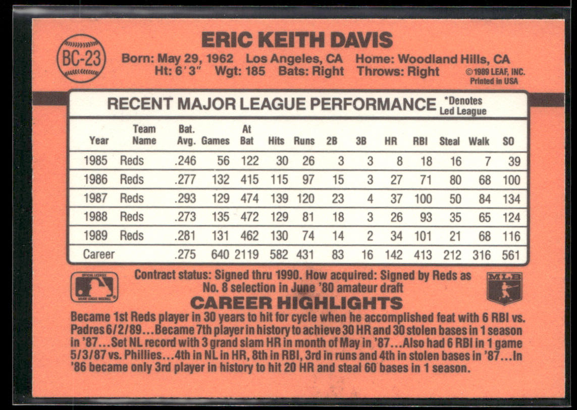 Eric Davis 1990 Donruss Bonus MVP's #BC-23 Cincinnati Reds back