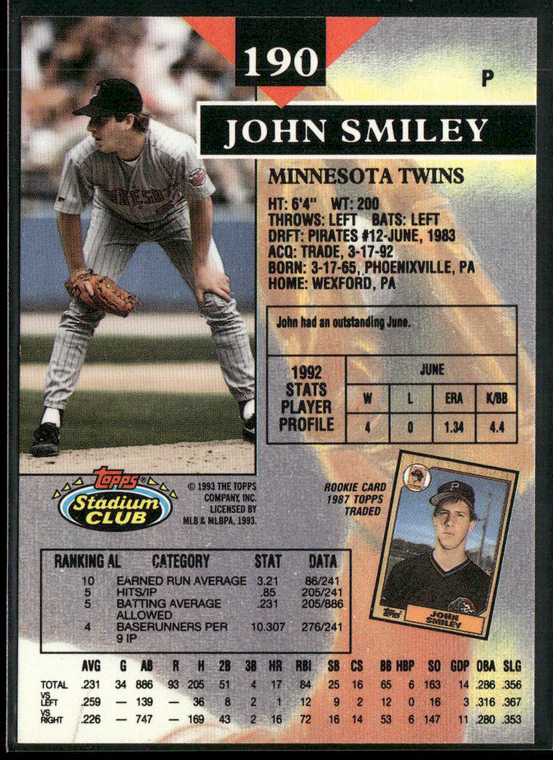 John Smiley 1993 Stadium Club #190 Minnesota Twins back