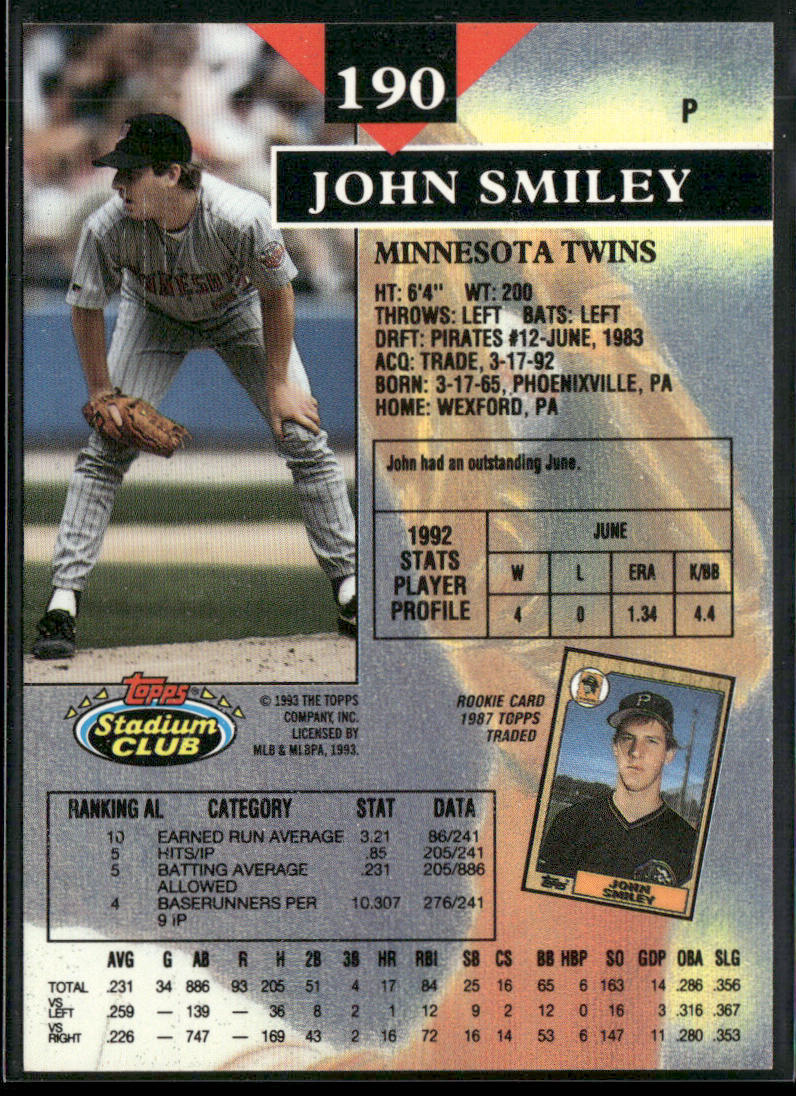 John Smiley 1993 Stadium Club #190 Minnesota Twins back