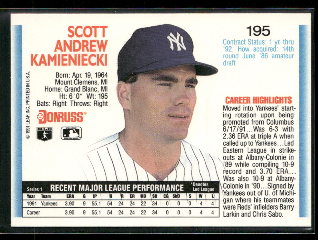 Scott Kamieniecki 1992 Donruss #195b New York Yankees back