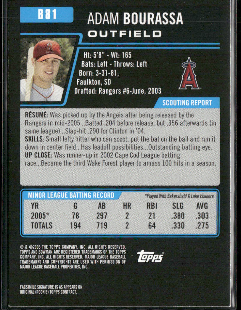 Adam Bourassa 2006 Bowman Prospects #B81 Los Angeles Angels