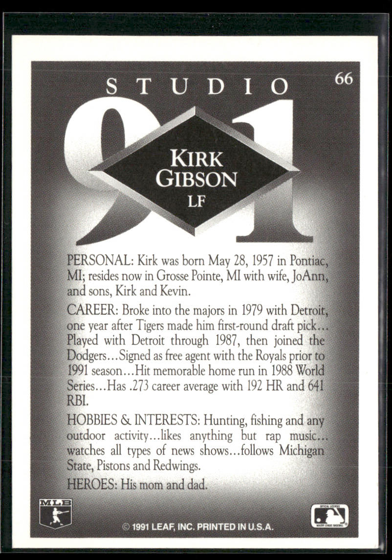 Kirk Gibson 1991 Studio #66 Kansas City Royals back