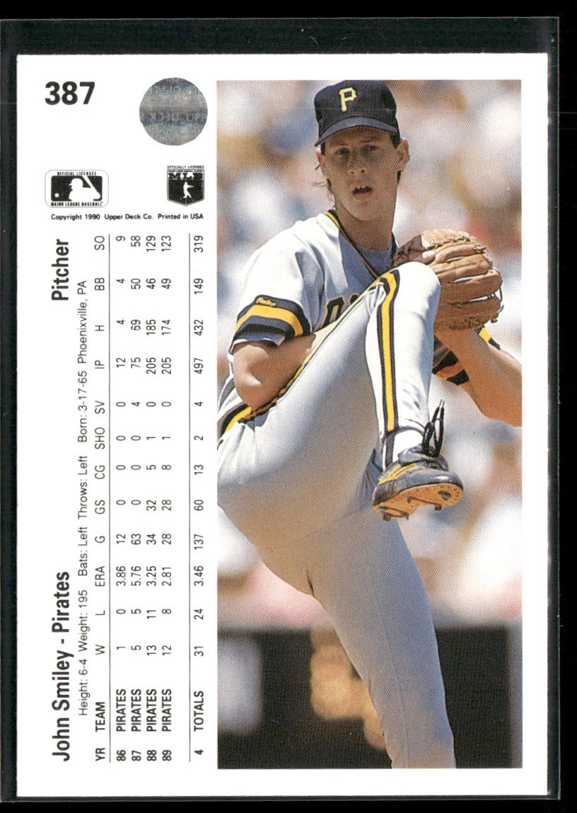 John Smiley 1990 Upper Deck #387 Pittsburgh Pirates back