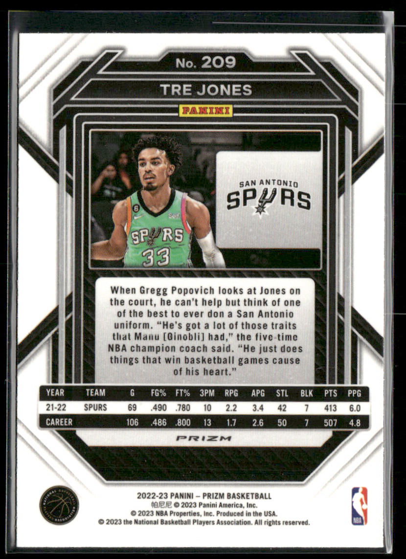 Tre Jones 2022-23 Panini Prizm Prizms Green #209 San Antonio Spurs