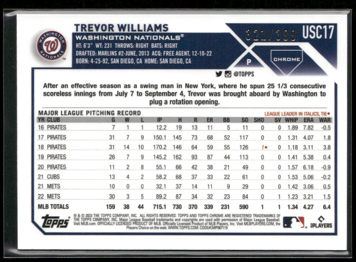 Trevor Williams 2023 Topps Chrome Update Magenta #USC17 SN Washington Nationals