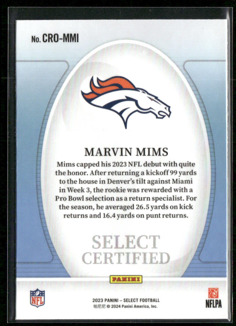 Marvin Mims 2023 Panini Select Select Certified Rookies #CRO-MMI Denver Broncos back
