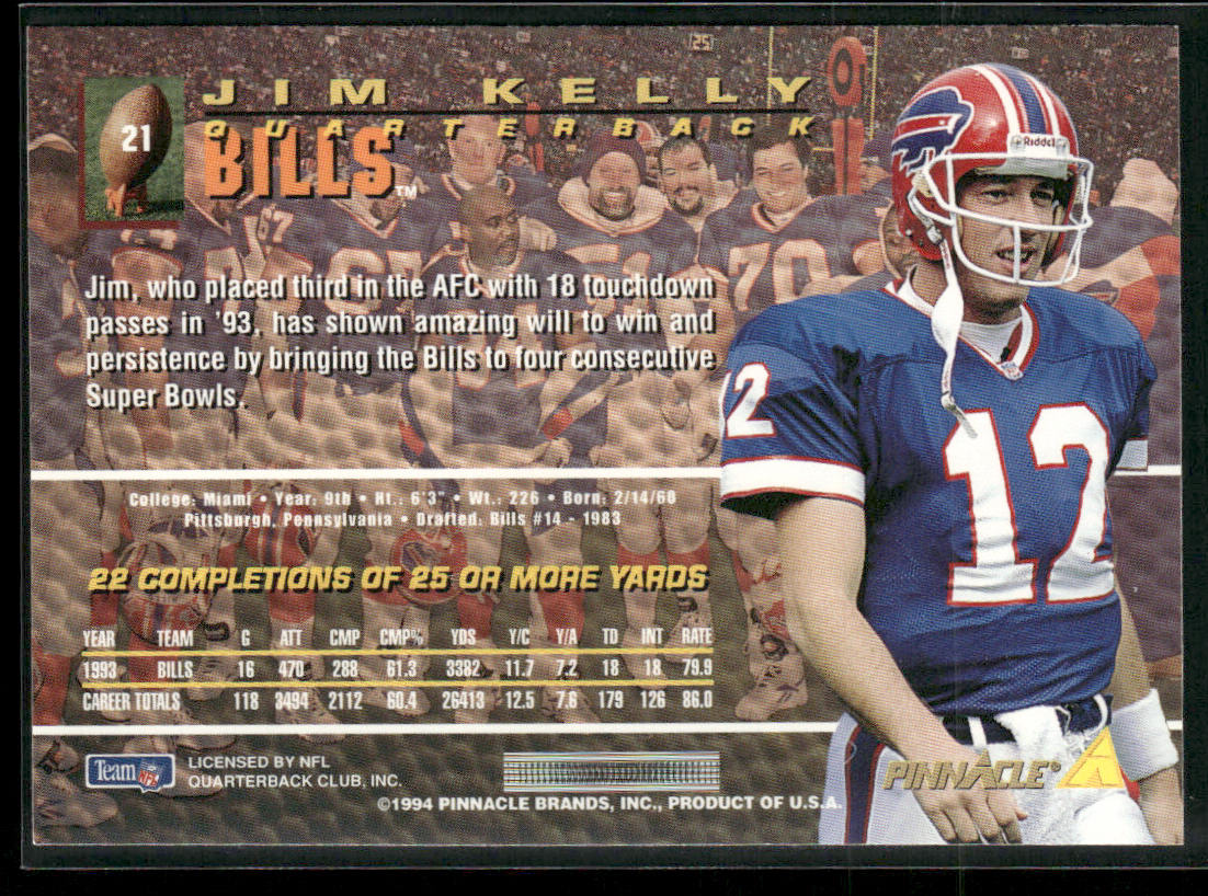 Jim Kelly 1994 Pinnacle #21 Buffalo Bills back