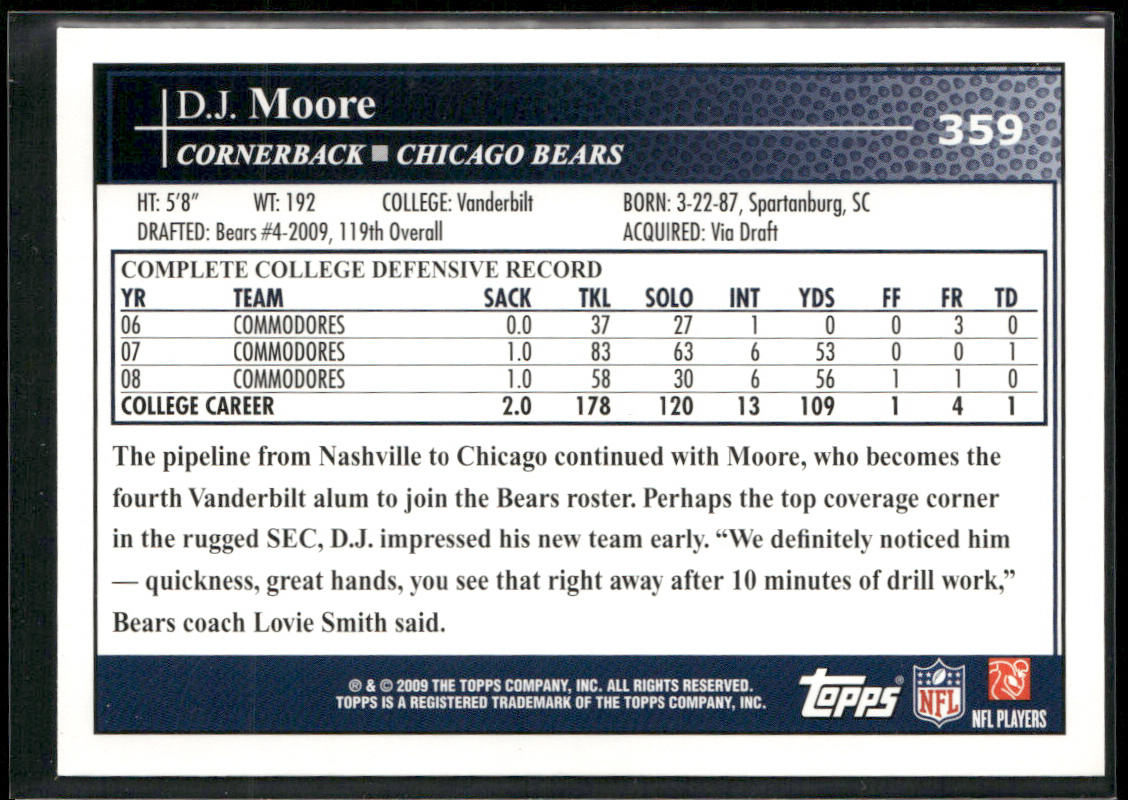 D.J. Moore 2009 Topps #359 RC Chicago Bears