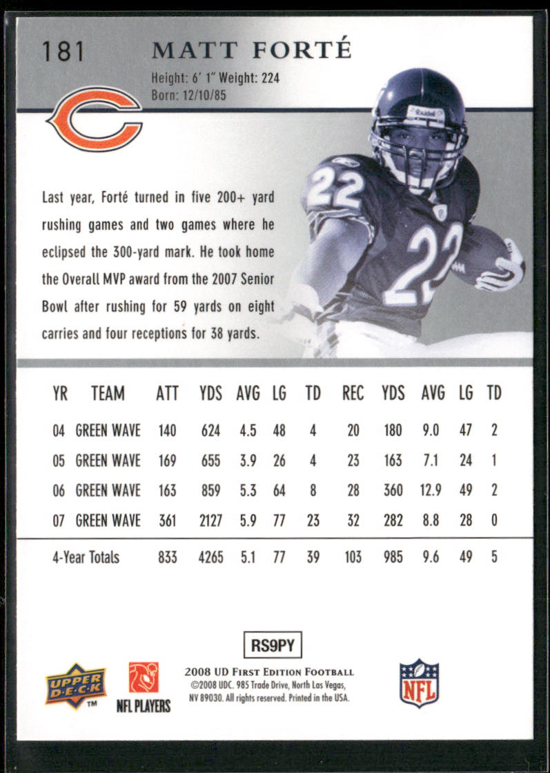 Matt Forte 2008 Upper Deck First Edition #181 RC Chicago Bears